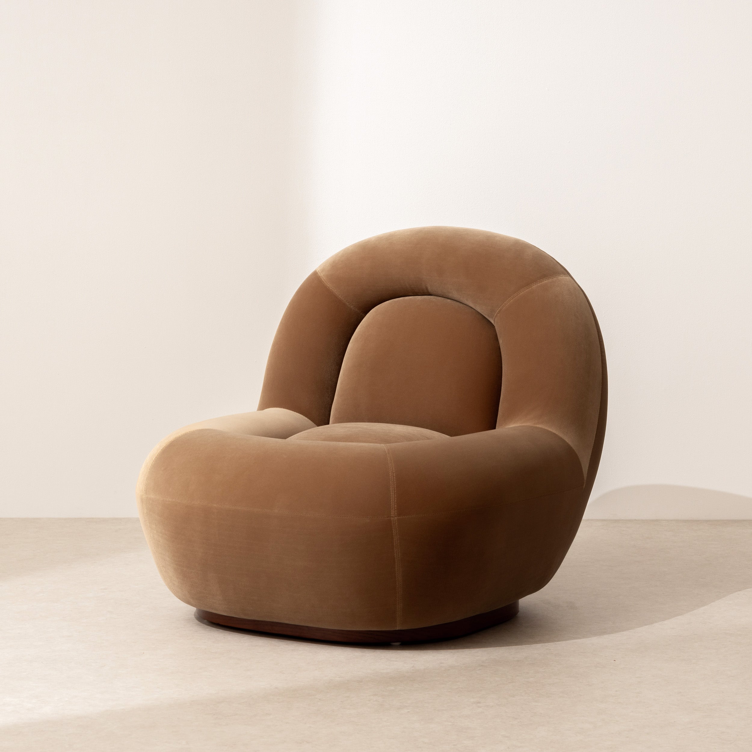 Velvet Lounge Chair with Walnut Plinth Six The Residence