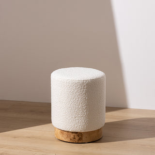 Boucle Pouffe with Burl Plinth - White