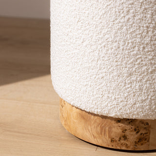 Boucle Pouffe with Burl Plinth - White