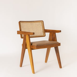 Cane & Upholstered Dining Chair with Arms - Natural